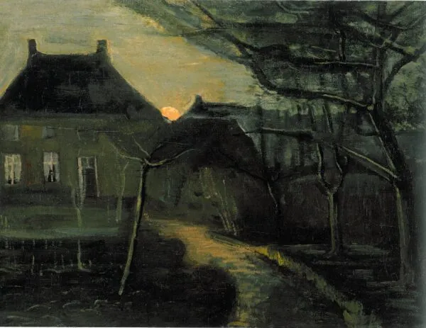 The Parsonage at Nuenen by Moonlight (1885) by Vincent van Gogh — original painting reproduced as a hand-painted oil on canvas