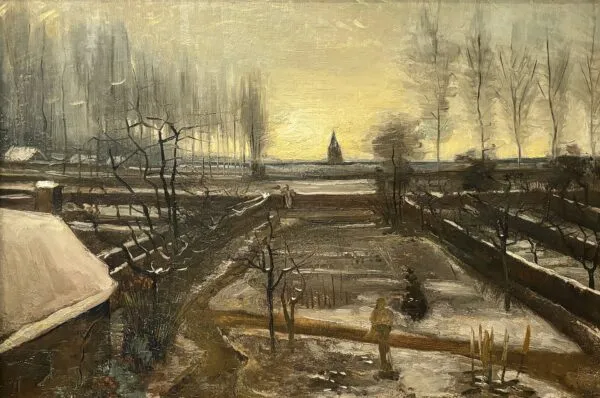 The Parsonage Garden at Nuenen in the Snow (1885) by Vincent van Gogh — original painting reproduced as a hand-painted oil on canvas