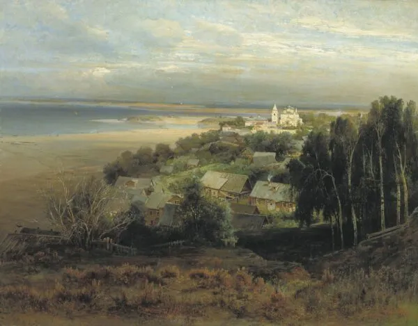 The Pechersky Monastery Near Nizhny Novgorod (1871) by Alexei Savrasov — original painting reproduced as a hand-painted oil on canvas