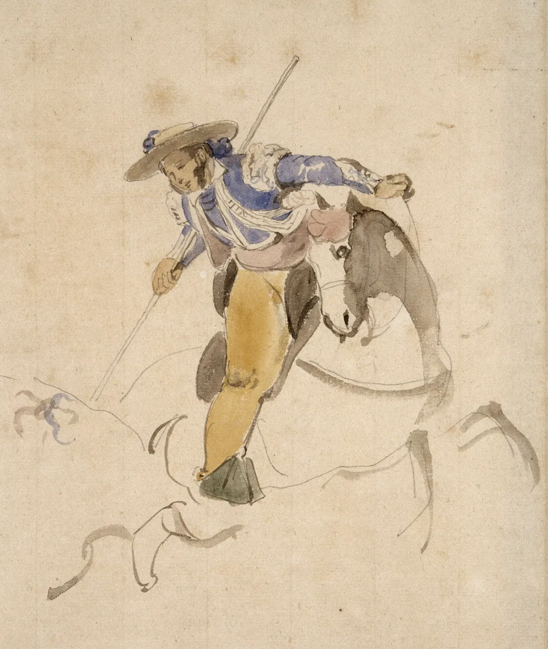 The Picador (1832) by Eugène Delacroix — original watercolour reproduced as a hand-painted oil on canvas