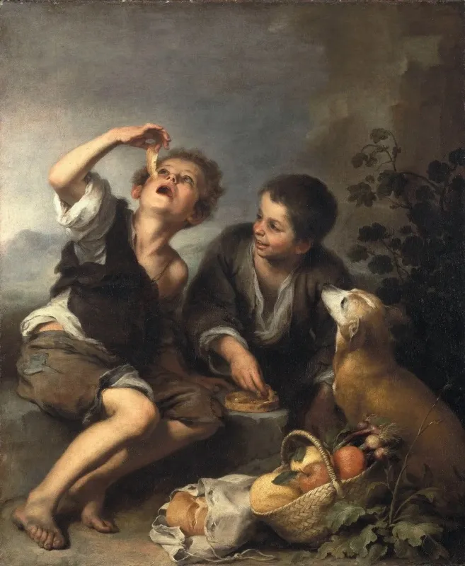 The Pie Eaters (1670) by Bartolomé Esteban Murillo — original painting reproduced as a hand-painted oil on canvas