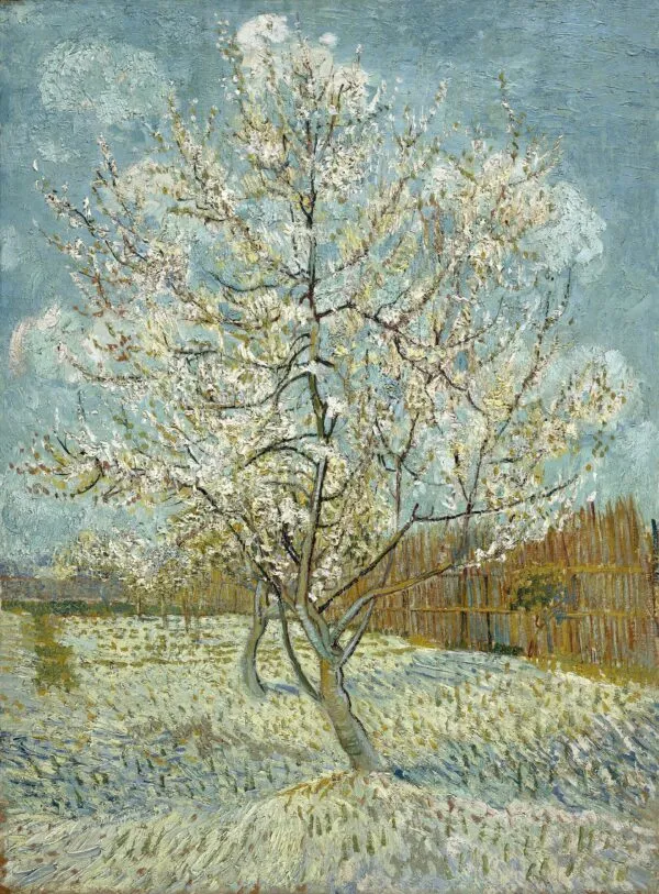 The pink peach tree (1888) by Vincent van Gogh — original painting reproduced as a hand-painted oil on canvas
