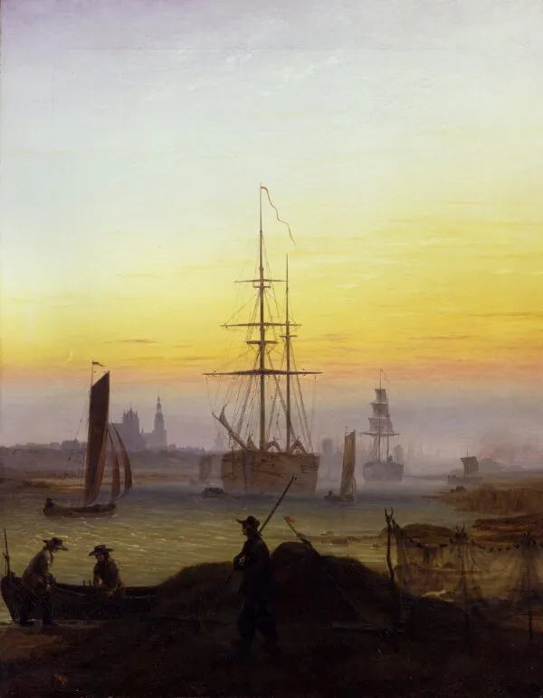 The Port of Greifswald (1819) by Caspar David Friedrich — original painting reproduced as a hand-painted oil on canvas