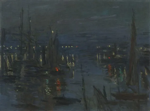 The Port of Le Havre, Night Effect (1872) by Claude Monet — original painting reproduced as a hand-painted oil on canvas