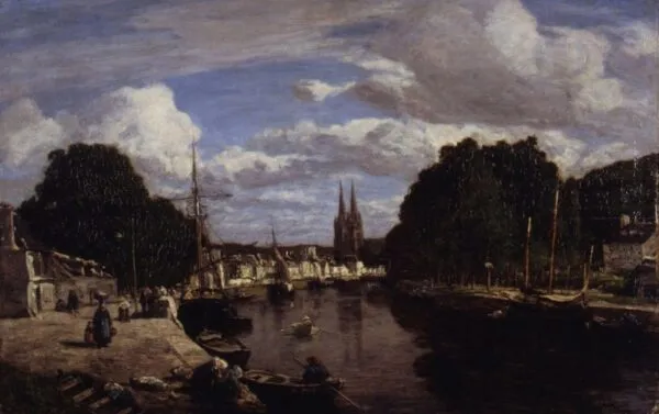 The port of Quimper (1857) by Eugène Louis Boudin — original painting reproduced as a hand-painted oil on canvas