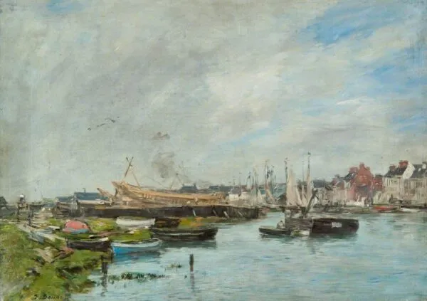 The Port of Trouville, Boatyard (1887) by Eugène Louis Boudin — original painting reproduced as a hand-painted oil on canvas