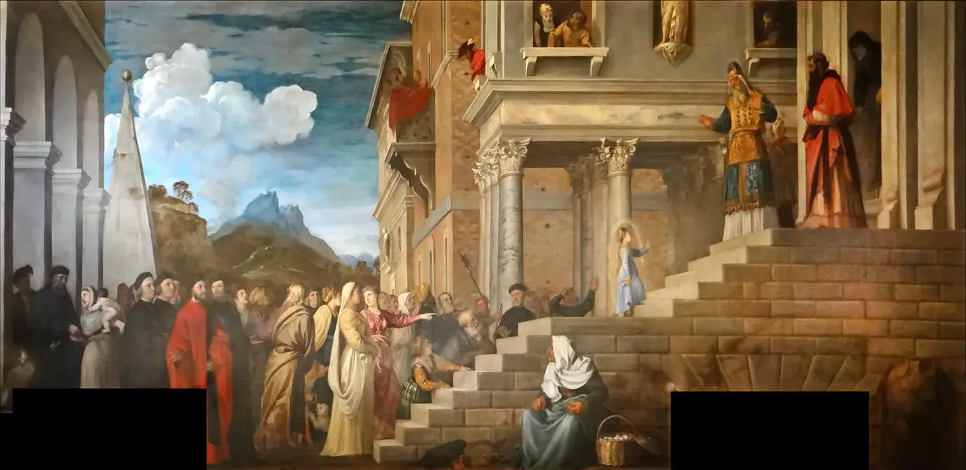 The Presentation of the Virgin at the Temple (1536) by Titian — original painting reproduced as a hand-painted oil on canvas