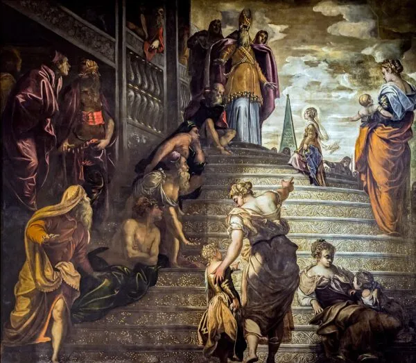 The Presentation of the Virgin (1553) by Jacopo Tintoretto — original painting reproduced as a hand-painted oil on canvas
