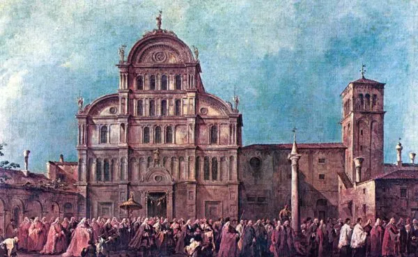 The Procesion of the Doge at San Zaccaria (1775) by Francesco Guardi — original painting reproduced as a hand-painted oil on canvas