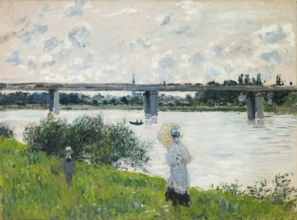 The Promenade with the Railroad Bridge, Argenteuil (1874) by Claude Monet — original painting reproduced as a hand-painted oil on canvas