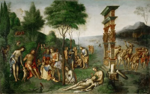 The Reign of Comus (1506) by Andrea Mantegna — original painting reproduced as a hand-painted oil on canvas