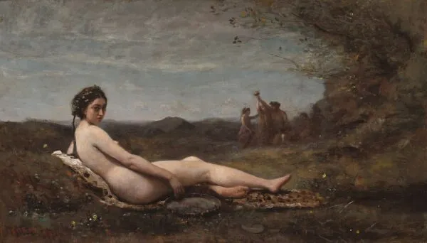 The Repose (1860) by Jean-Baptiste Camille Corot — original painting reproduced as a hand-painted oil on canvas