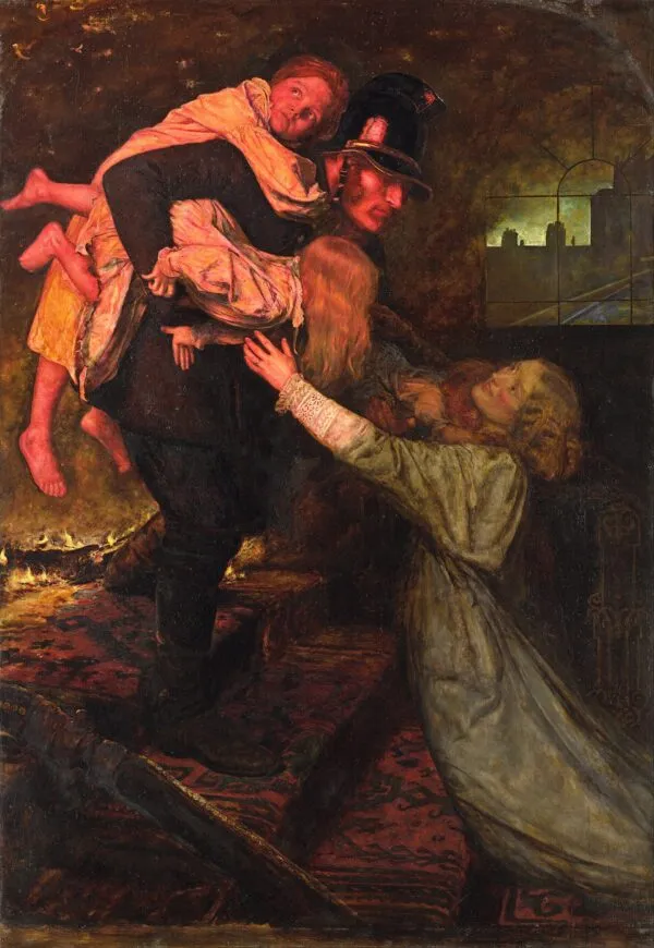 The Rescue (1855) by John Everett Millais — original painting reproduced as a hand-painted oil on canvas