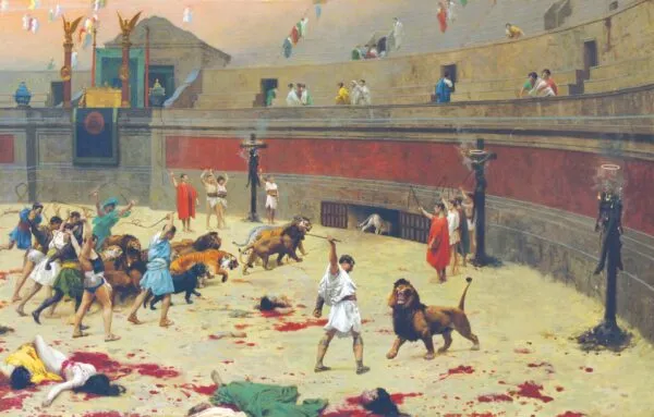 The Retreating Lions" (1902) by Jean-Léon Gérôme — original painting reproduced as a hand-painted oil on canvas