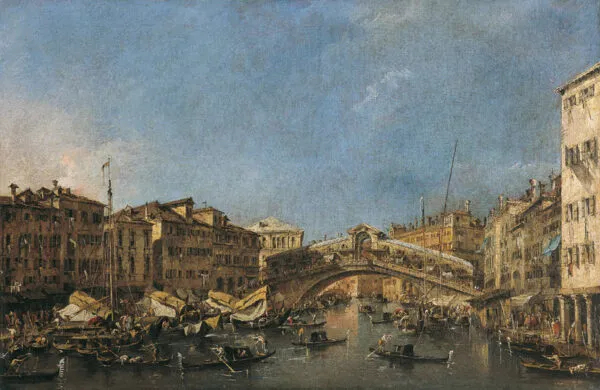 The Rialto-Bridge in Venice (1760) by Francesco Guardi — original painting reproduced as a hand-painted oil on canvas