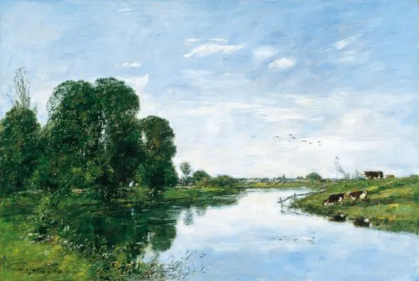 The River Touques at Saint-Arnoult (1895) by Eugène Louis Boudin — original painting reproduced as a hand-painted oil on canvas