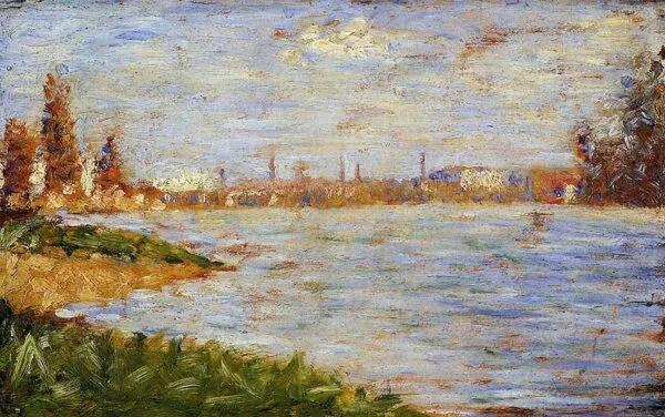 The Riverbanks (1882) by Georges Seurat — original painting reproduced as a hand-painted oil on canvas