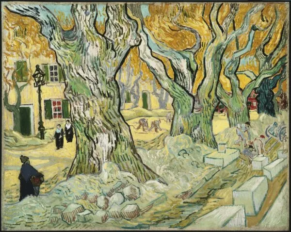 The Road Menders (1889) by Vincent van Gogh — original painting reproduced as a hand-painted oil on canvas