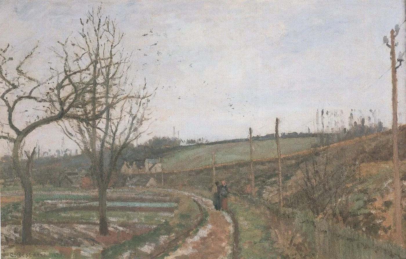 The Road near the Railway, Effect of Snow, Osny (1873) by Camille Pissarro — original painting reproduced as a hand-painted oil on canvas