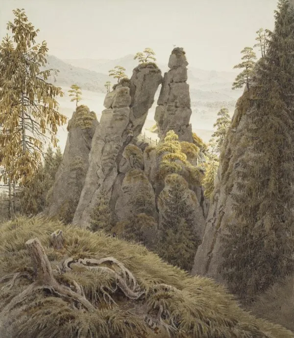 The Rock Gates in Neurathen (1837) by Caspar David Friedrich — original watercolour reproduced as a hand-painted oil on canvas
