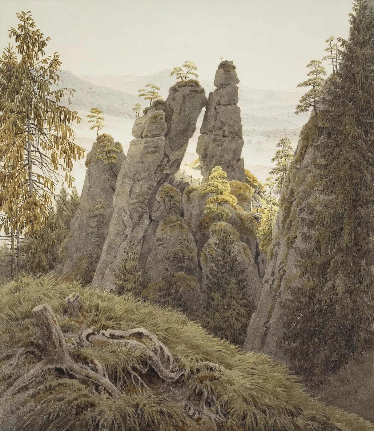 The Rock Gates in Neurathen (1837) by Caspar David Friedrich — original watercolour reproduced as a hand-painted oil on canvas