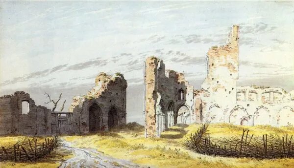 The Ruins of Eldena (1824) by Caspar David Friedrich — original watercolour reproduced as a hand-painted oil on canvas
