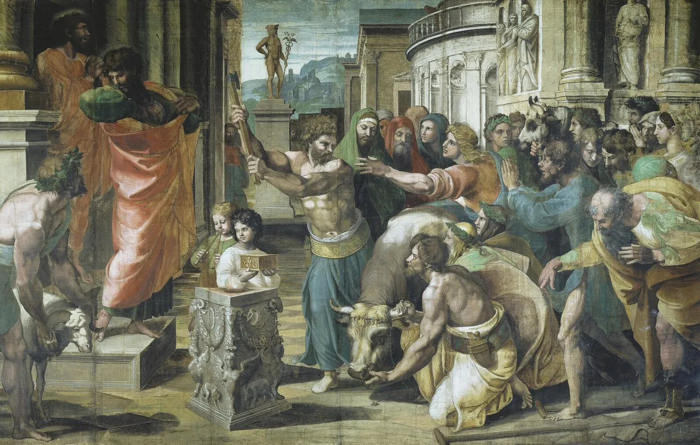 The Sacrifice at Lystra (1515) by Raphael — original painting reproduced as a hand-painted oil on canvas