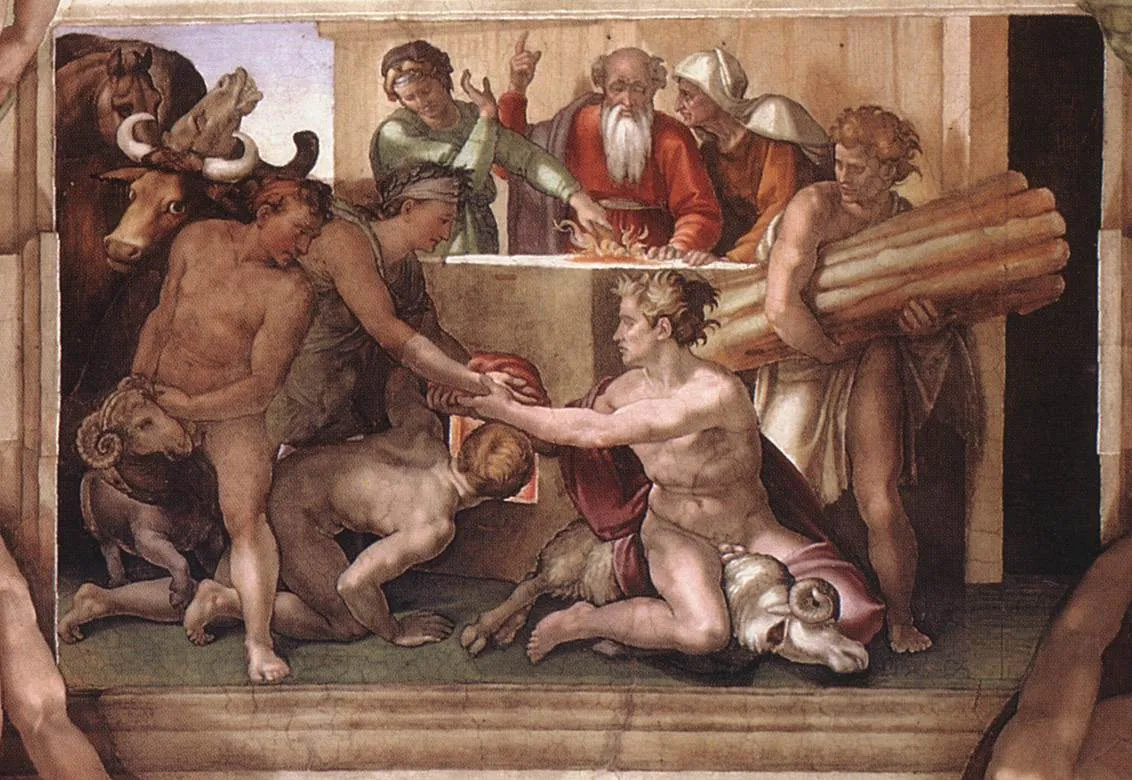 The Sacrifice of Noah (1508) by Michelangelo — original painting reproduced as a hand-painted oil on canvas