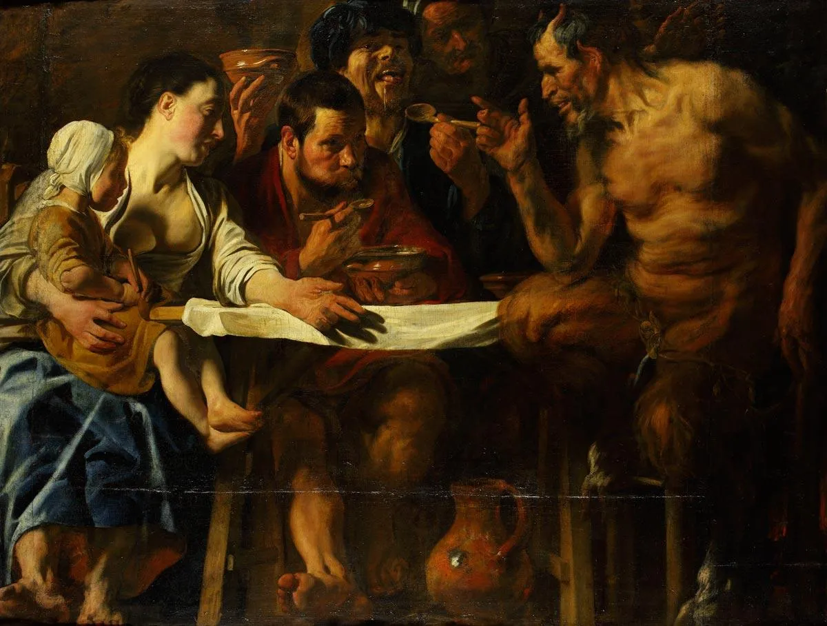 The Satyr and the Peasant (1622) by Jacob Jordaens — original painting reproduced as a hand-painted oil on canvas
