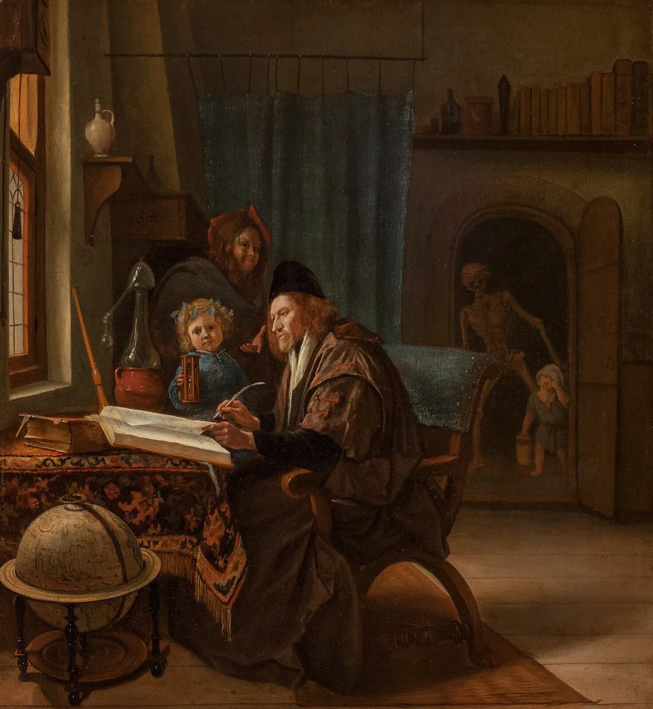 The Scholar and Death (1660) by Jan Steen — original painting reproduced as a hand-painted oil on canvas