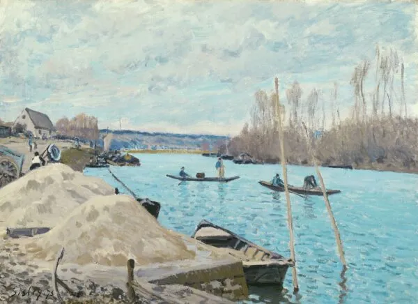 The Seine at Port-Marly, Piles of Sand (1875) by Alfred Sisley — original painting reproduced as a hand-painted oil on canvas
