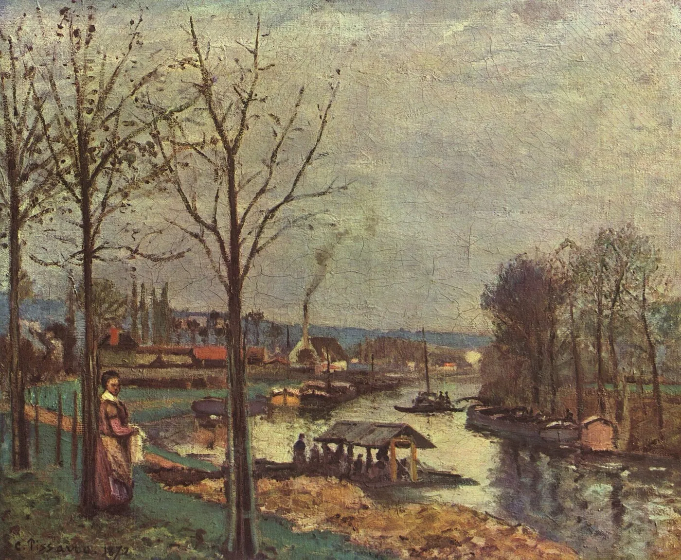 The Seine at Port-Marly, the Wash-House (1872) by Camille Pissarro — original painting reproduced as a hand-painted oil on canvas