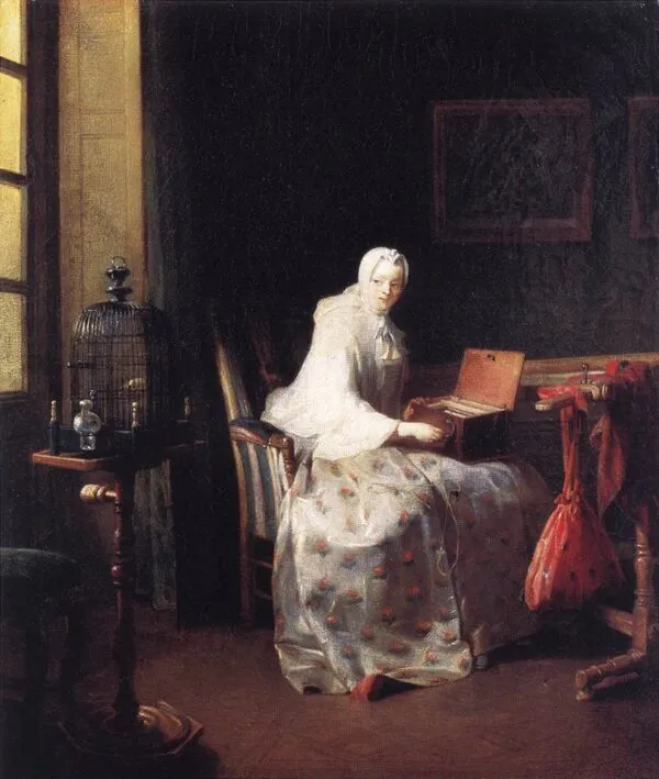 The Serinette (1751) by Jean-Baptiste-Siméon Chardin — original painting reproduced as a hand-painted oil on canvas