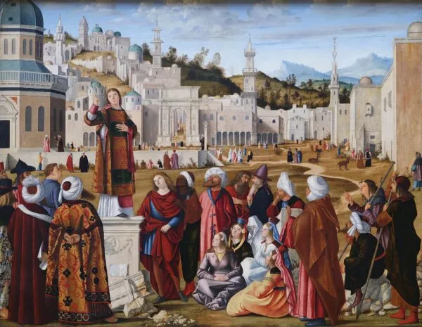 The Sermon of St. Stephen (1514) by Vittore Carpaccio — original painting reproduced as a hand-painted oil on canvas