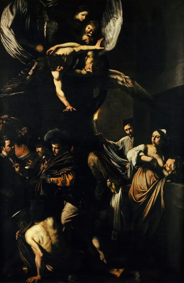 The Seven Works of Mercy (1600) by Caravaggio — original painting reproduced as a hand-painted oil on canvas