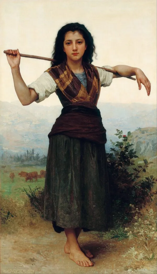 The Shepherdess (1889) by William-Adolphe Bouguereau — original painting reproduced as a hand-painted oil on canvas