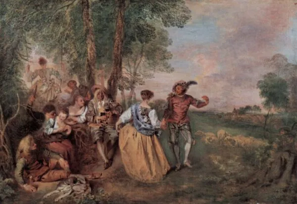 The Shepherds (1717) by Jean-Antoine Watteau — original painting reproduced as a hand-painted oil on canvas