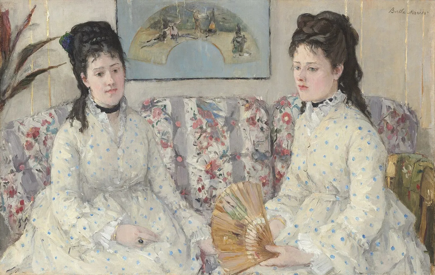 The Sisters (1869) by Berthe Morisot — original painting reproduced as a hand-painted oil on canvas