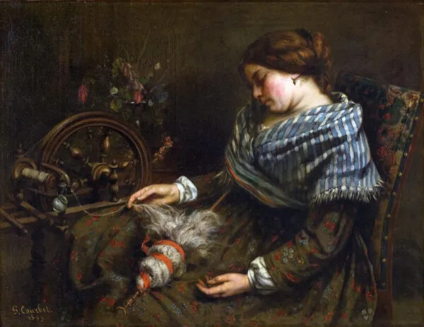 The Sleeping Spinner (1853) by Gustave Courbet — original painting reproduced as a hand-painted oil on canvas