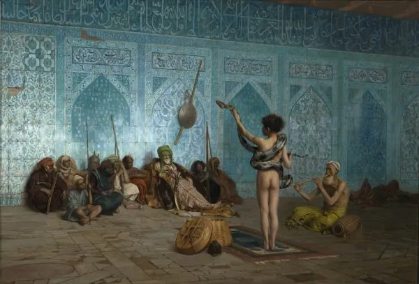 The Snake Charmer (1879) by Jean-Léon Gérôme — original painting reproduced as a hand-painted oil on canvas