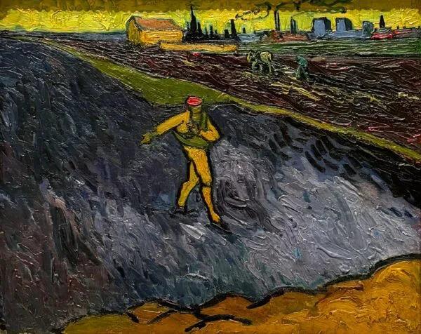 The Sower: Outskirts of Arles in the Background (1888) by Vincent van Gogh — original painting reproduced as a hand-painted oil on canvas