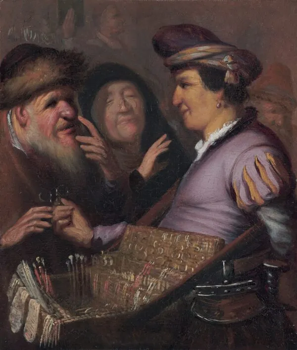 The Spectacles Seller (A Pedlar Selling Spectacles, Sight) (1624) by Rembrandt — original painting reproduced as a hand-painted oil on canvas
