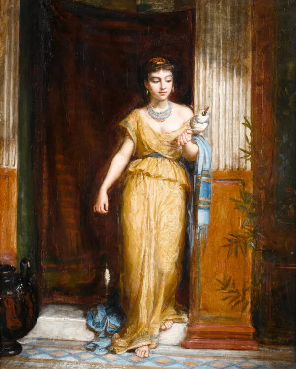 The Spinner (1874) by John William Waterhouse — original painting reproduced as a hand-painted oil on canvas