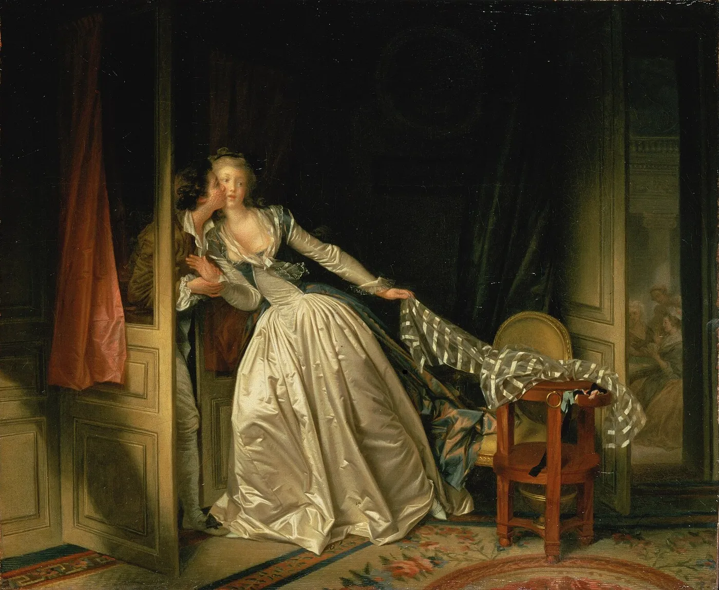 The Stolen Kiss (1787) by Jean-Honoré Fragonard — original painting reproduced as a hand-painted oil on canvas