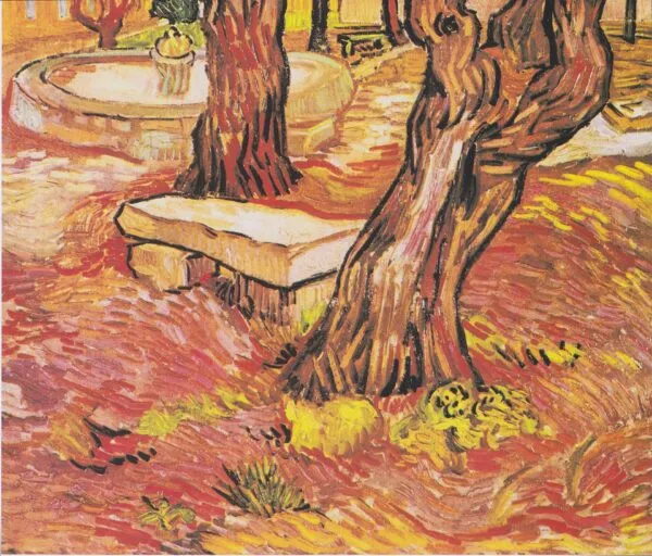 The Stone Bench in the Garden of Saint-Paul Hospital (1889) by Vincent van Gogh — original painting reproduced as a hand-painted oil on canvas