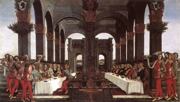 The Story of Nastagio Degli Onesti, part four (1483) by Sandro Botticelli — original painting reproduced as a hand-painted oil on canvas