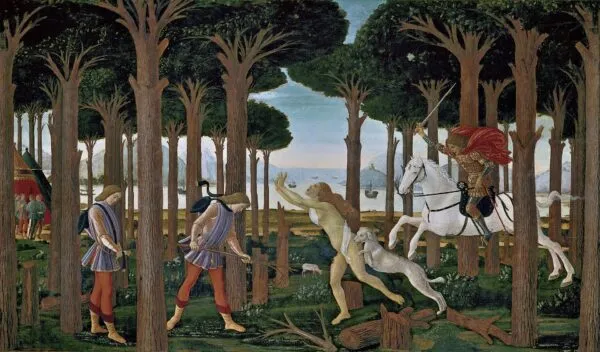 The Story of Nastagio Degli Onesti, part one (1483) by Sandro Botticelli — original painting reproduced as a hand-painted oil on canvas