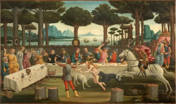 The Story of Nastagio Degli Onesti, part three (1483) by Sandro Botticelli — original painting reproduced as a hand-painted oil on canvas