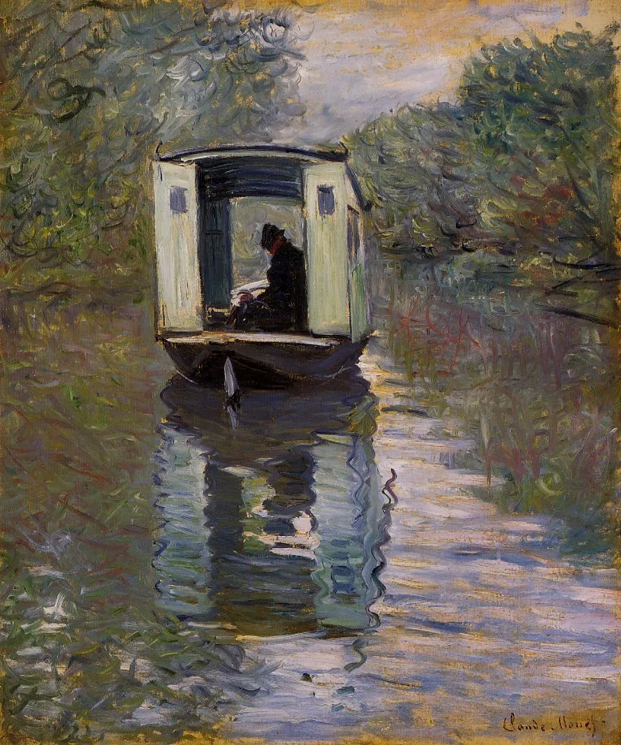 The Studio Boat (Le Bateau-atelier) (1876) by Claude Monet — original painting reproduced as a hand-painted oil on canvas