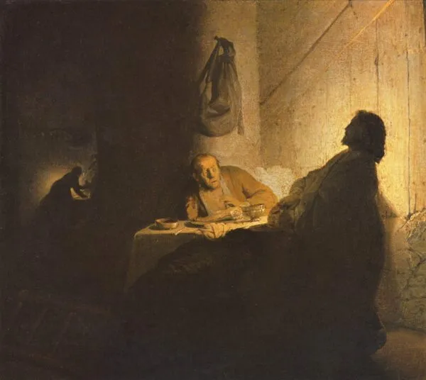 The Supper at Emmaus (1628) by Rembrandt — original painting reproduced as a hand-painted oil on canvas